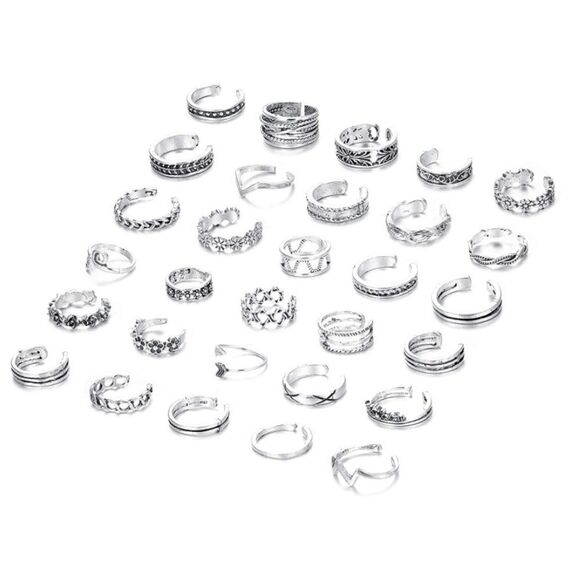 Silver Boho Adjustable Open Toe Rings - Set of 30 - Picture 2 of 10